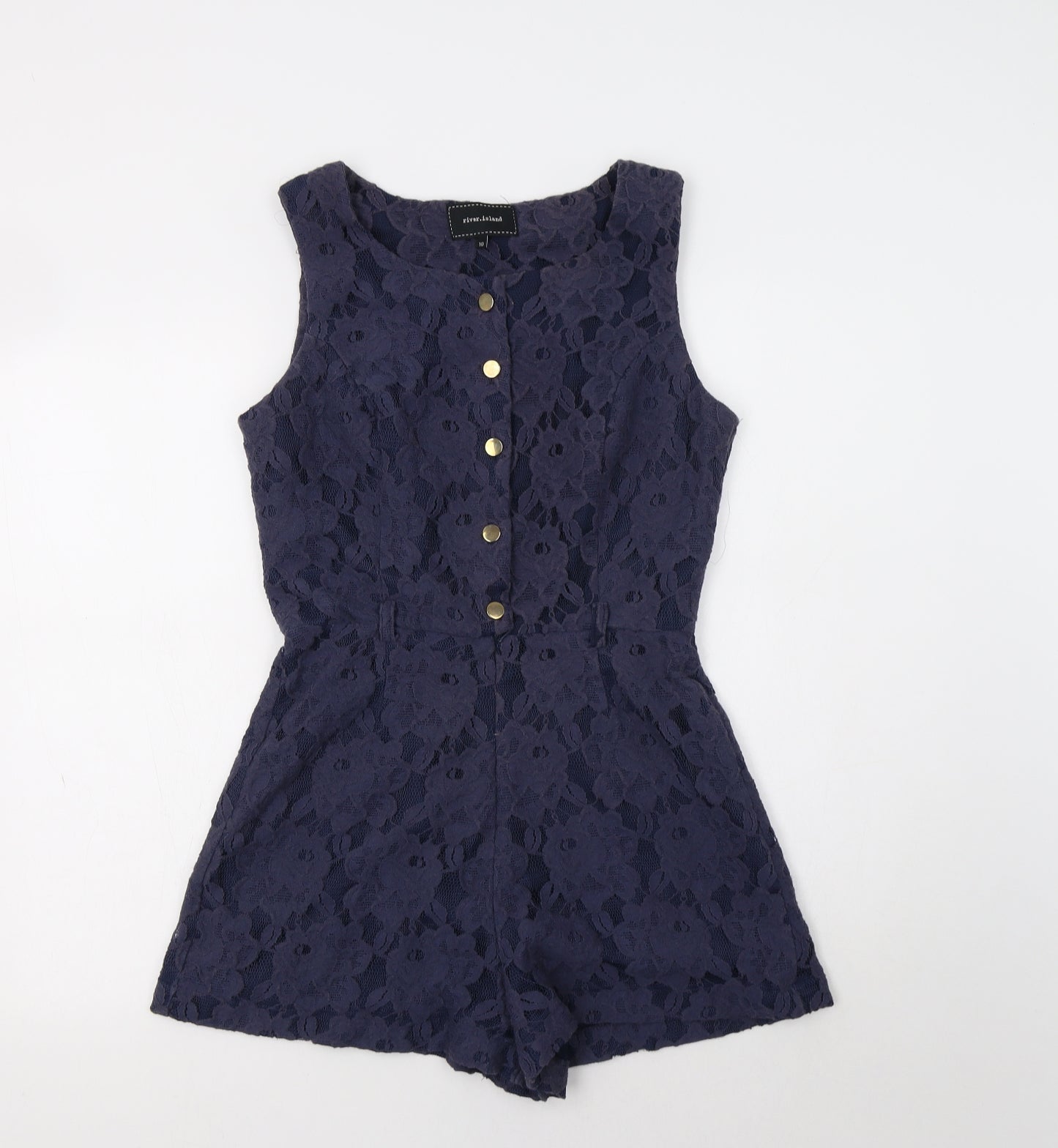 River Island Womens Blue Floral Viscose Playsuit One-Piece Size 10  Button - Lace Overlay