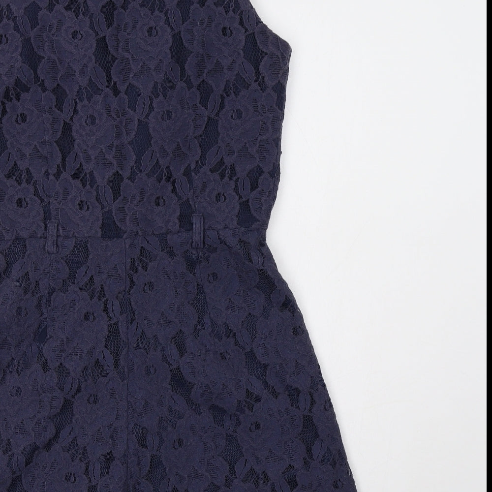 River Island Womens Blue Floral Viscose Playsuit One-Piece Size 10  Button - Lace Overlay