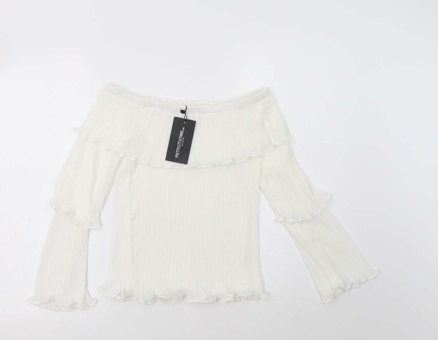 PRETTYLITTLETHING Womens White  Polyester Basic Blouse Size 8 Off the Shoulder