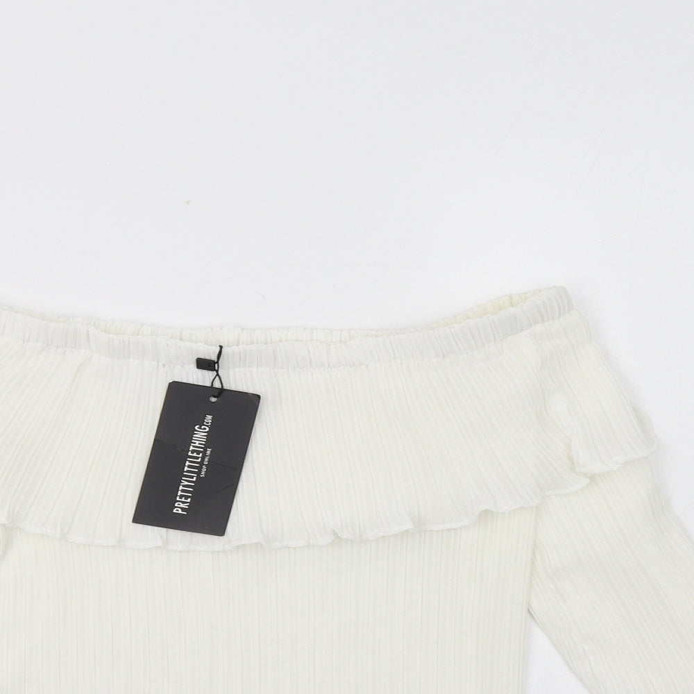 PRETTYLITTLETHING Womens White  Polyester Basic Blouse Size 8 Off the Shoulder