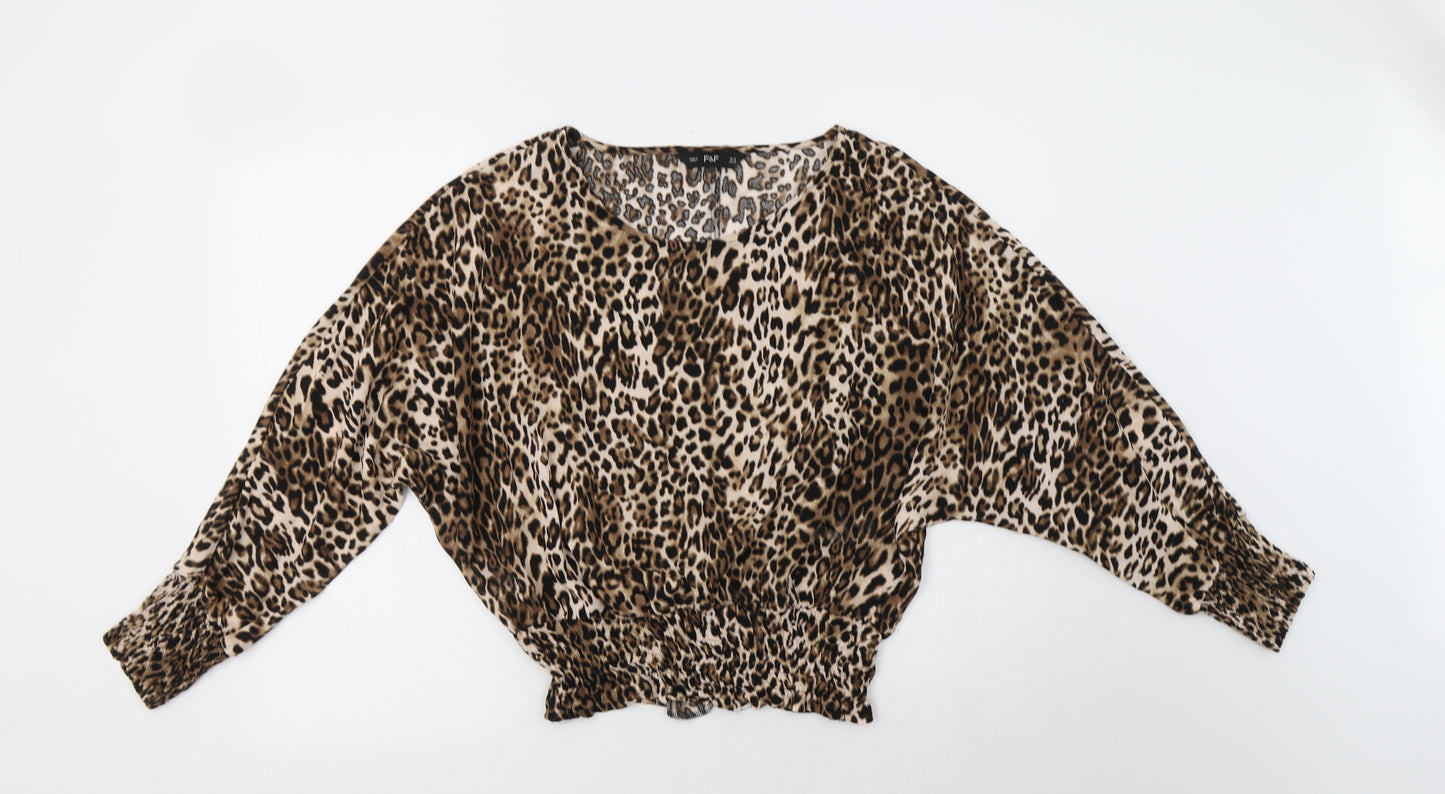 F&F Womens Brown Animal Print Viscose Basic Blouse Size 14 Round Neck