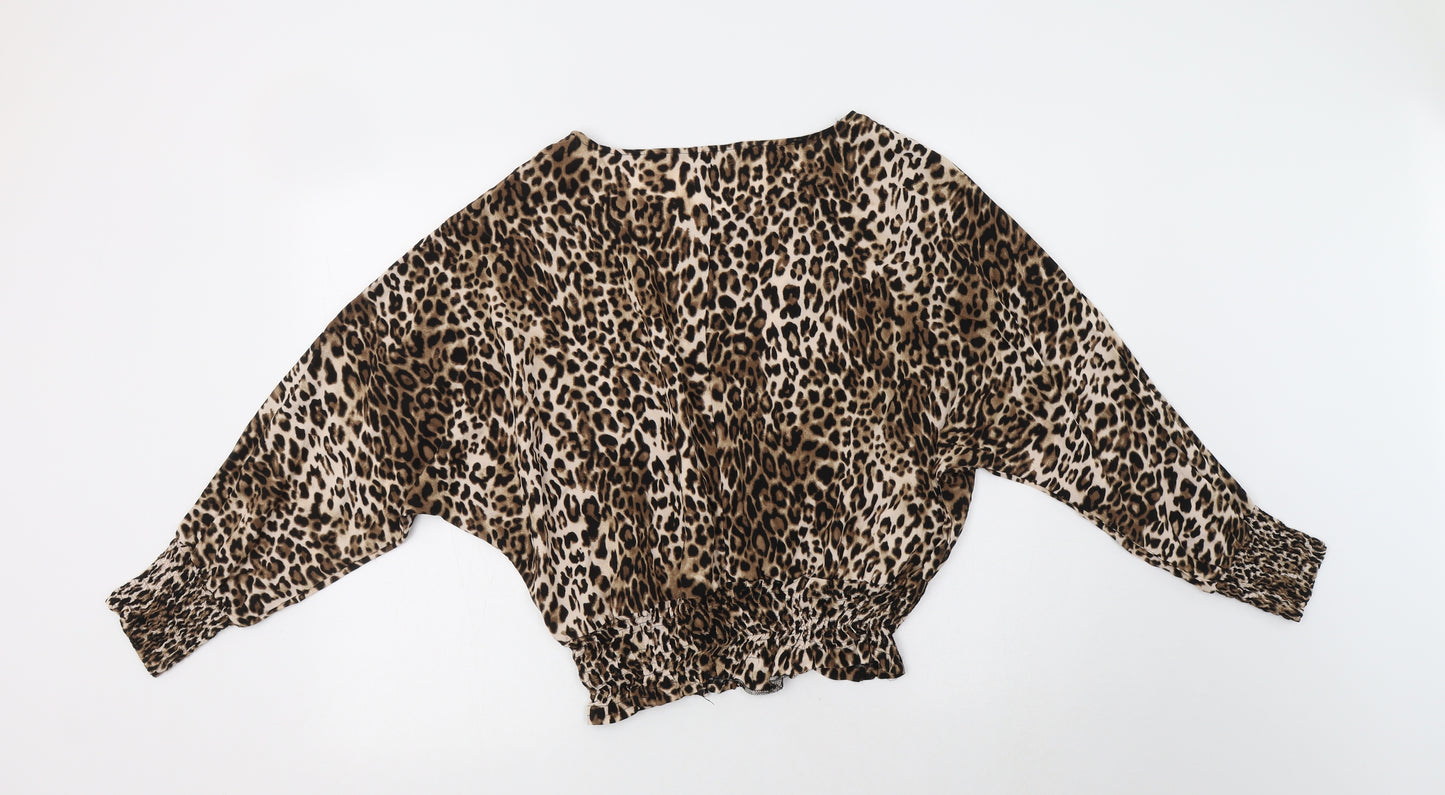 F&F Womens Brown Animal Print Viscose Basic Blouse Size 14 Round Neck