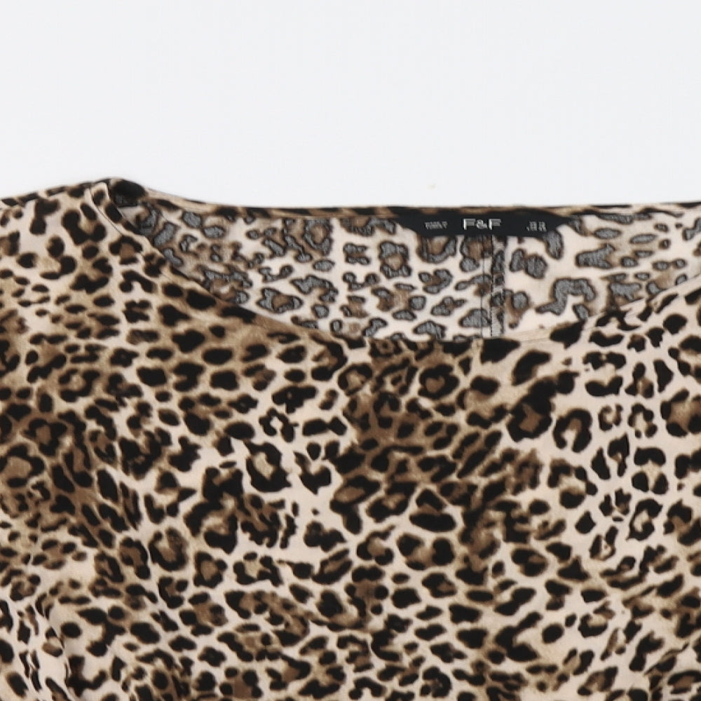 F&F Womens Brown Animal Print Viscose Basic Blouse Size 14 Round Neck