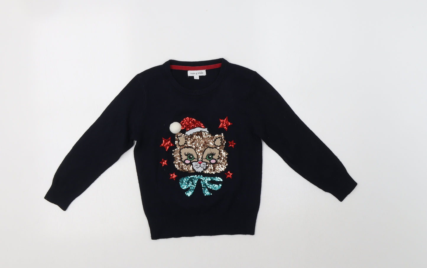 Rose & Wilde Girls Blue Crew Neck  Acrylic Pullover Jumper Size 7 Years   - Christmas Cat