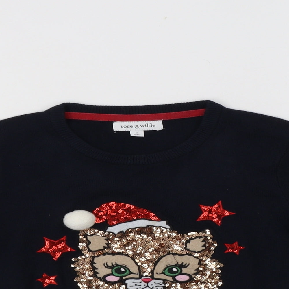 Rose & Wilde Girls Blue Crew Neck  Acrylic Pullover Jumper Size 7 Years   - Christmas Cat