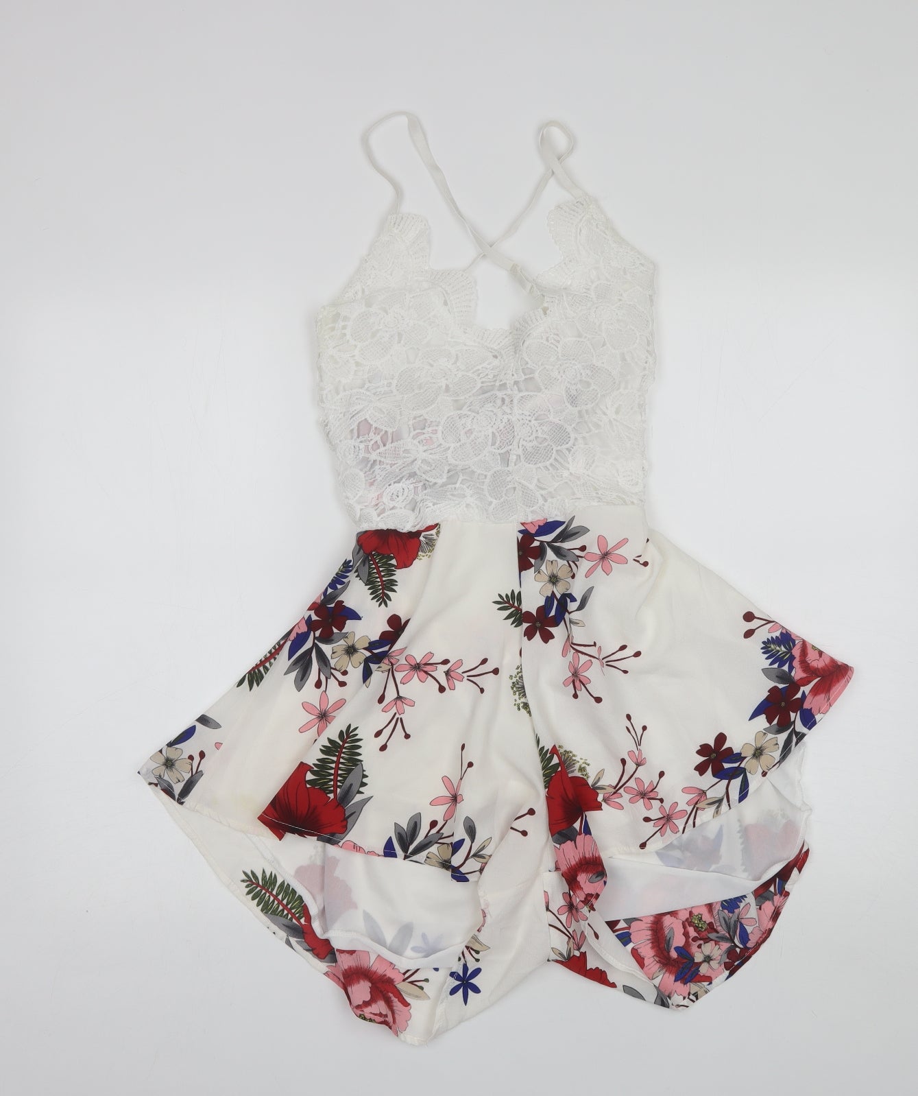 Preworn Womens White Floral Polyester Playsuit One-Piece Size L