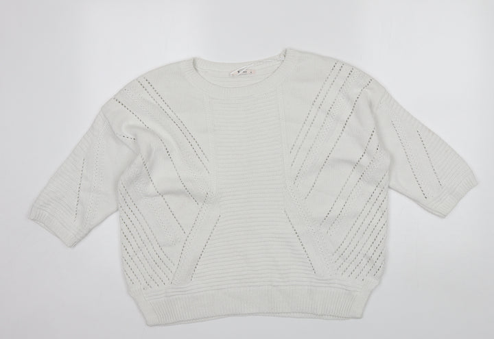 TU Womens White Round Neck Cotton Pullover Jumper Size 14