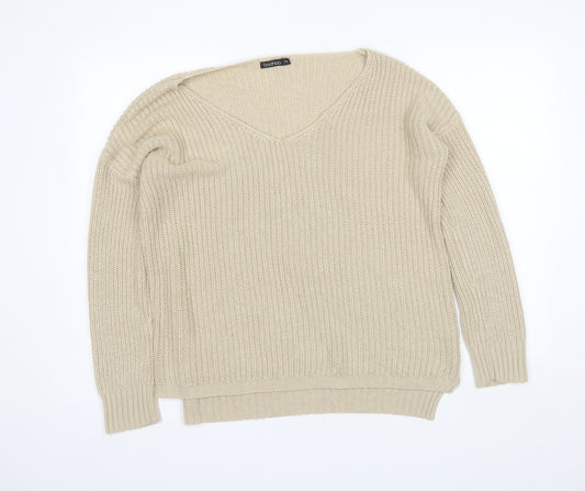 Front view of Boohoo women’s beige scoop neck acrylic jumper, size S