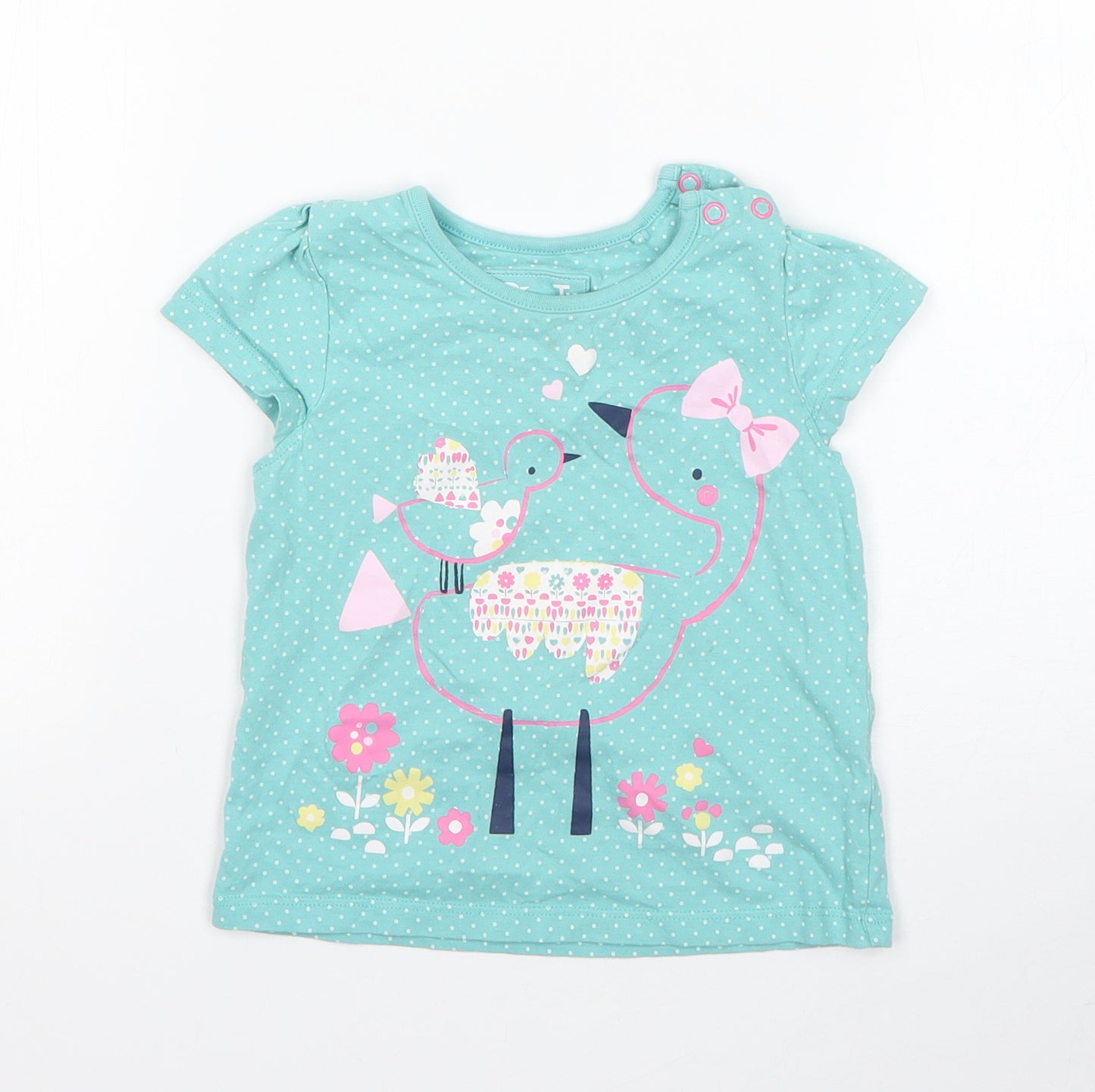 TU Girls Green Polka Dot Cotton Basic T-Shirt Size 18-24 Months Round Neck