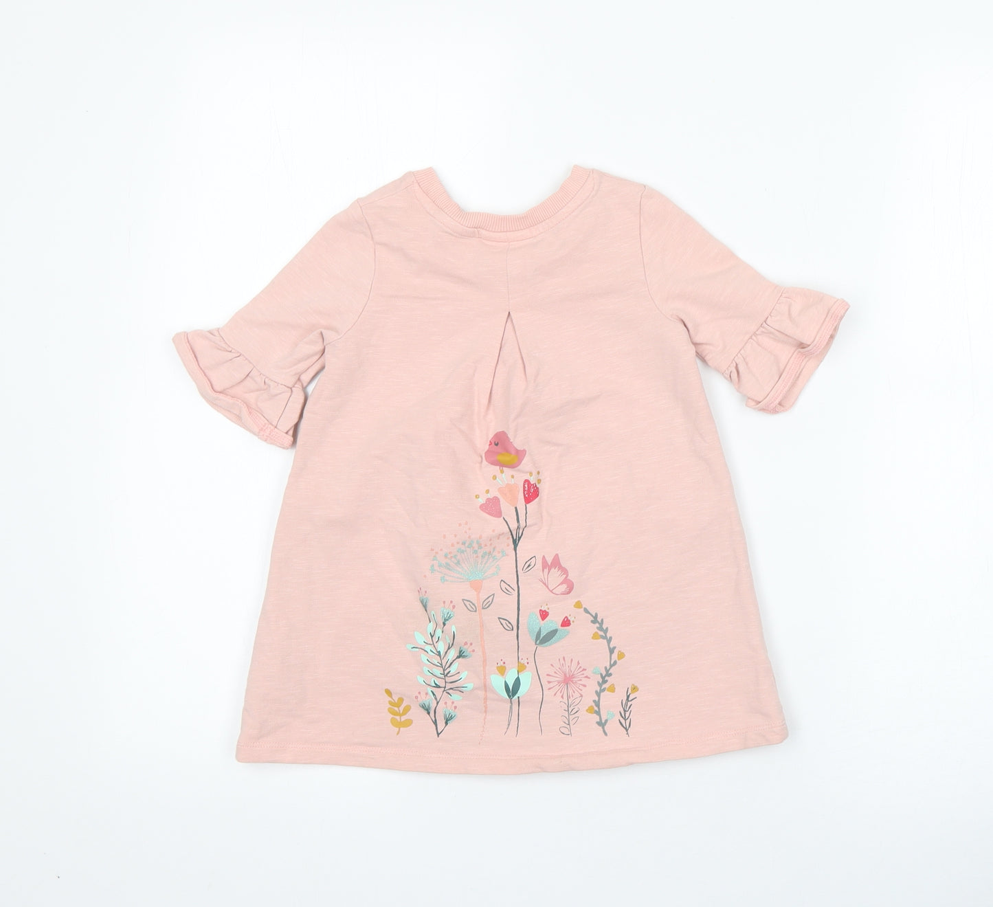 Nutmeg Girls Pink  Cotton A-Line  Size 12-18 Months  Round Neck  - birds flowers