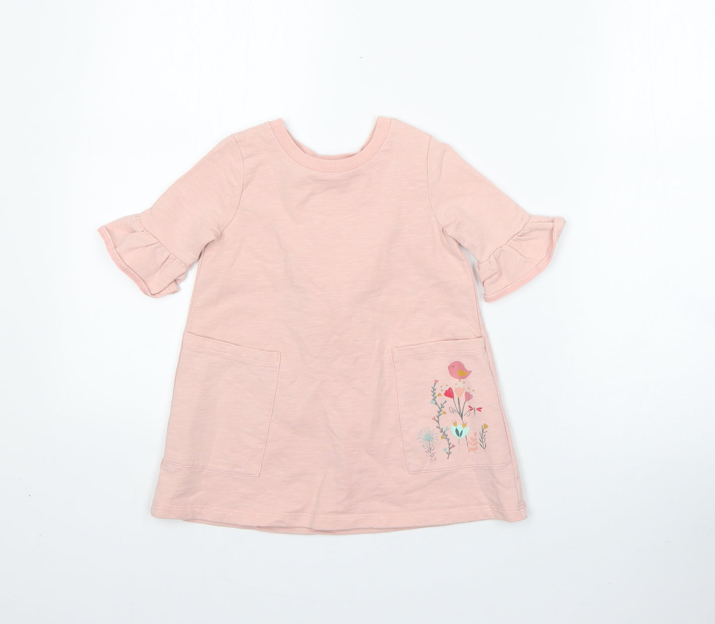 Nutmeg Girls Pink  Cotton A-Line  Size 12-18 Months  Round Neck  - birds flowers