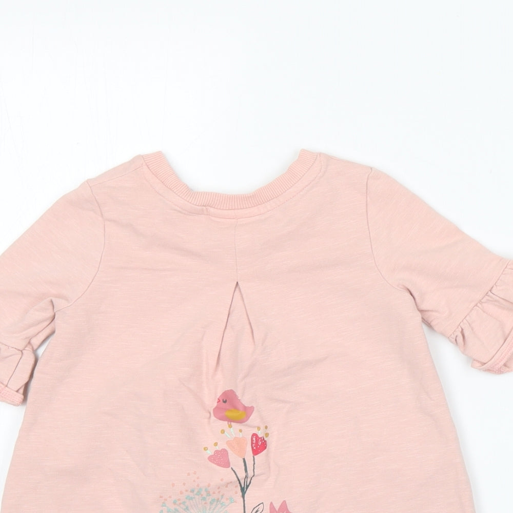 Nutmeg Girls Pink  Cotton A-Line  Size 12-18 Months  Round Neck  - birds flowers