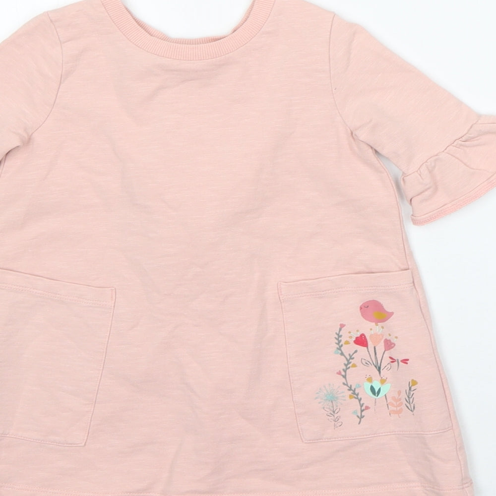 Nutmeg Girls Pink  Cotton A-Line  Size 12-18 Months  Round Neck  - birds flowers