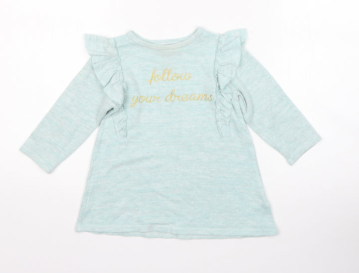 Primark Girls Green Viscose Jumper Dress Size 12-18 Months Round Neck