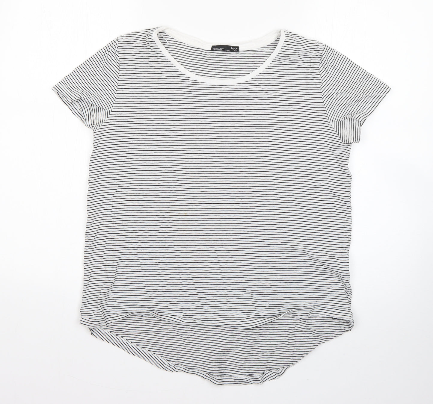 Zara Womens White Striped Cotton Basic T-Shirt Size S Round Neck
