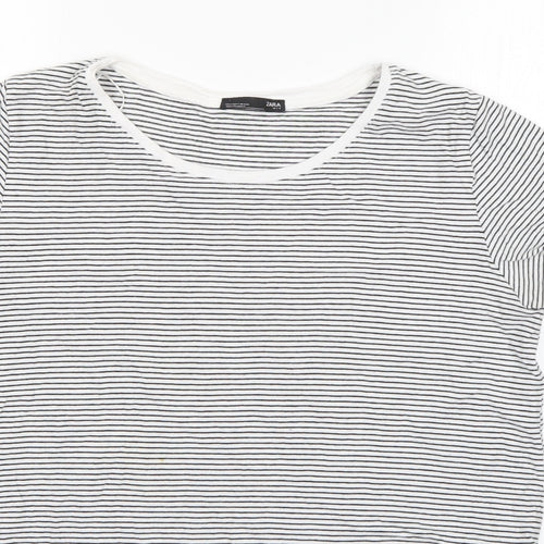 Zara Womens White Striped Cotton Basic T-Shirt Size S Round Neck