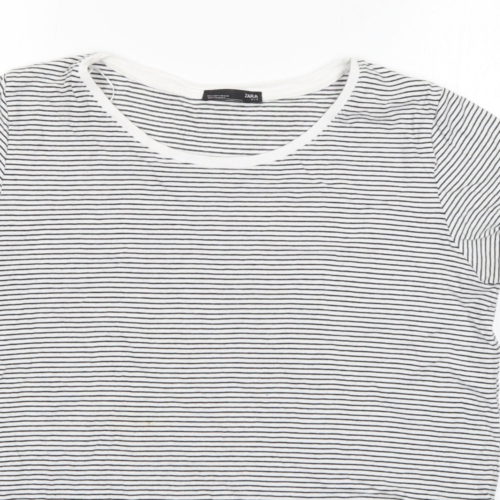 Zara Womens White Striped Cotton Basic T-Shirt Size S Round Neck