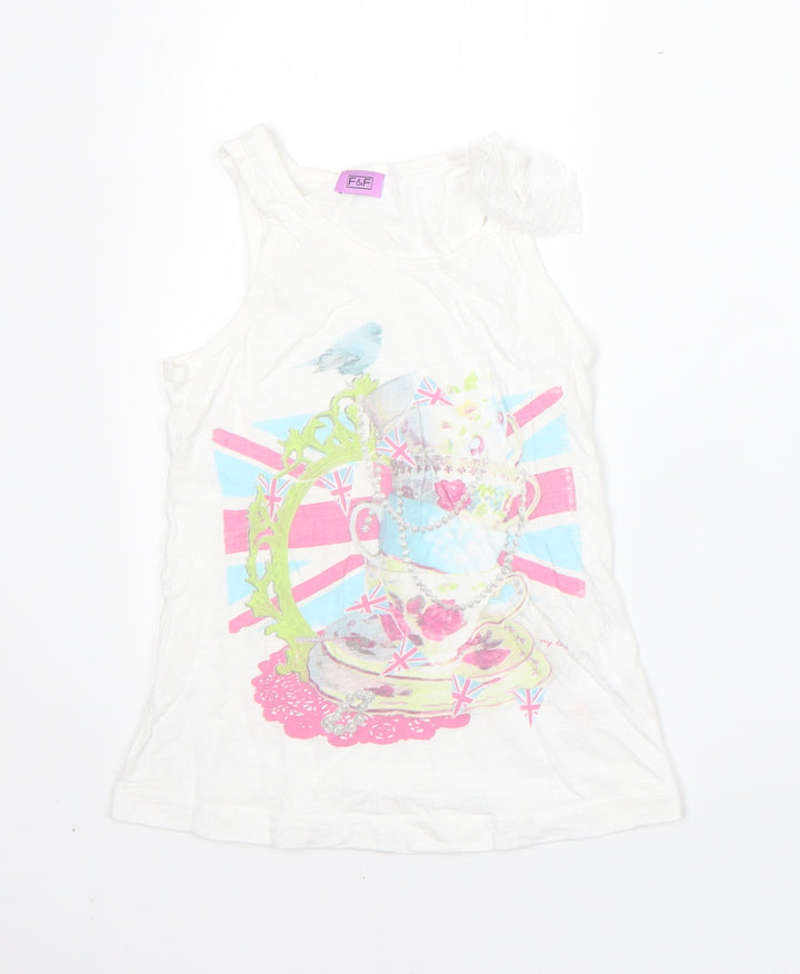 F&F Girls White  Cotton Basic Tank Size 7-8 Years Round Neck  - english tea