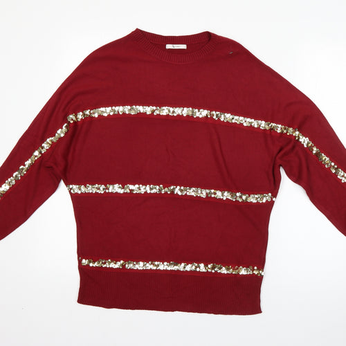 TU Womens Red Round Neck Striped Acrylic Pullover Jumper Size 8