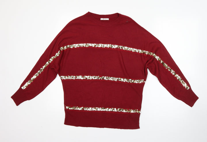 TU Womens Red Round Neck Striped Acrylic Pullover Jumper Size 8