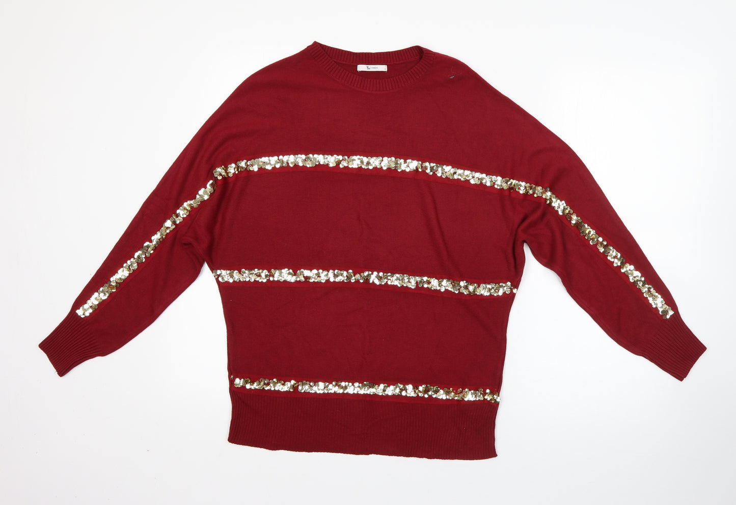 TU Womens Red Round Neck Striped Acrylic Pullover Jumper Size 8