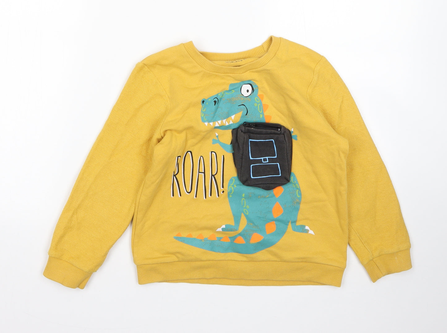 Nutmeg Boys Yellow Round Neck  Cotton Pullover Jumper Size 5-6 Years   - dinosaur