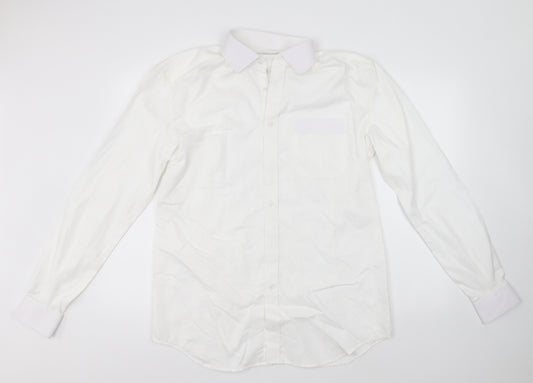 Front view of Embassy men’s white button-up collared