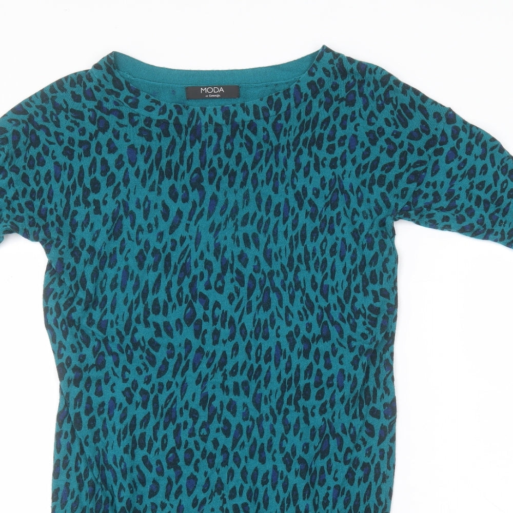 Moda Womens Green Round Neck Animal Print Nylon Pullover Jumper Size 10