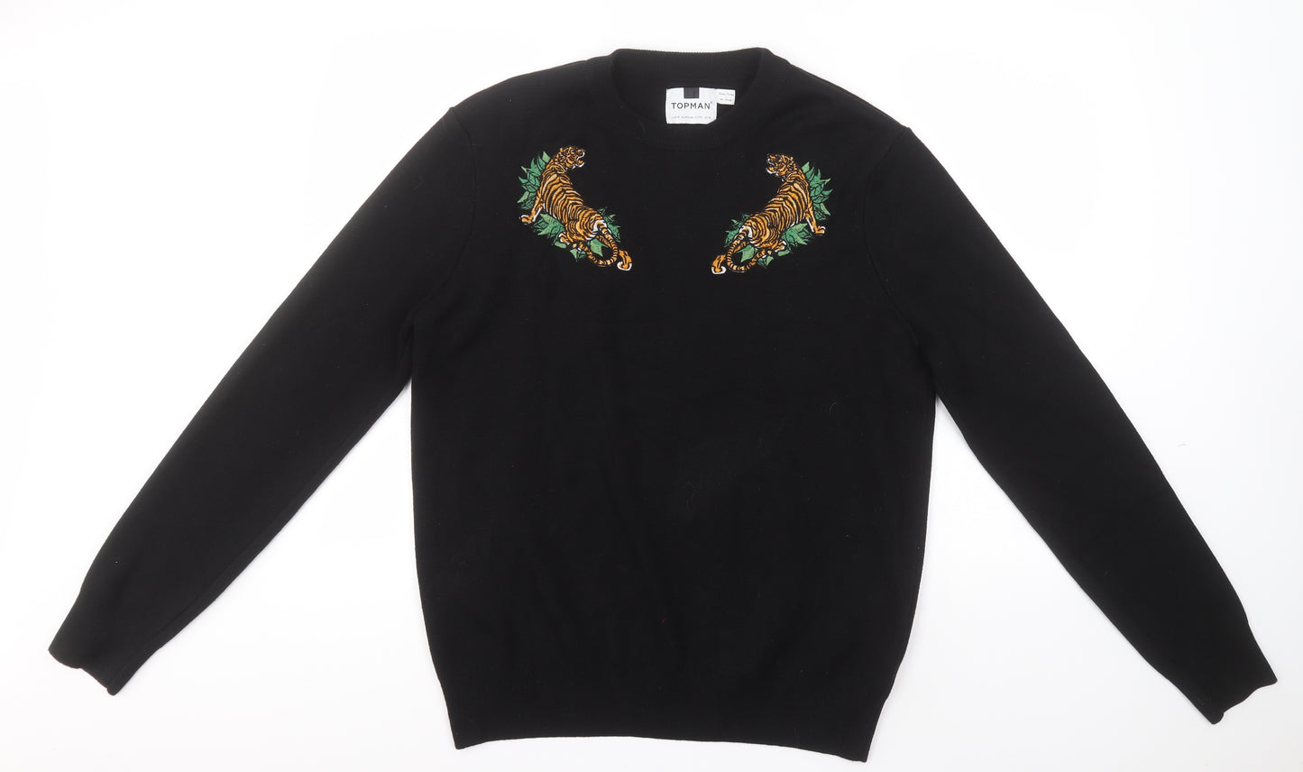 Topman Mens Black Round Neck  Cotton Pullover Jumper Size M   - Tigers