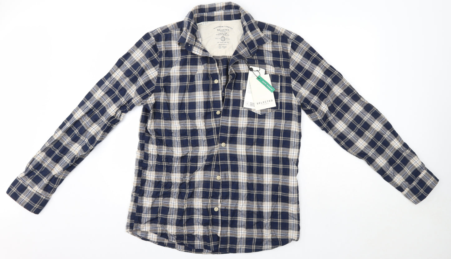Selected Homme Mens Blue Check Cotton  Button-Up Size L Collared