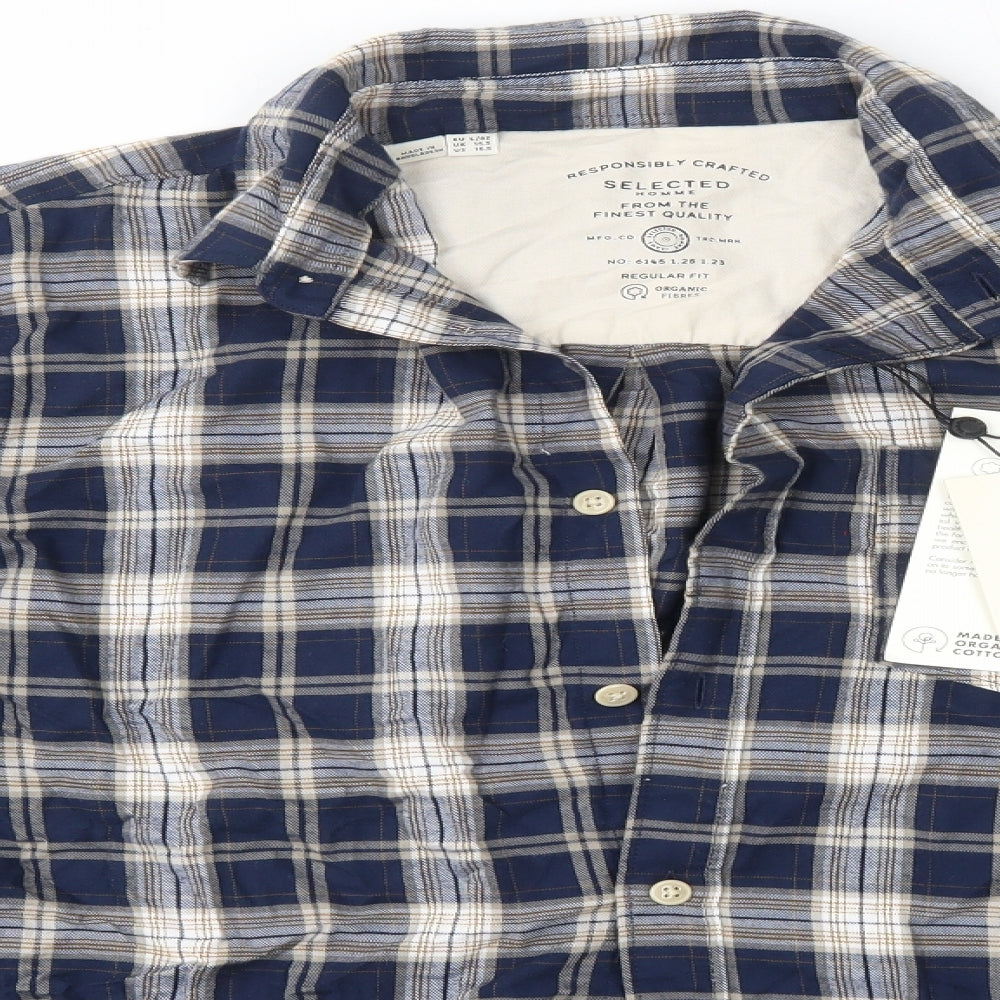 Selected Homme Mens Blue Check Cotton  Button-Up Size L Collared