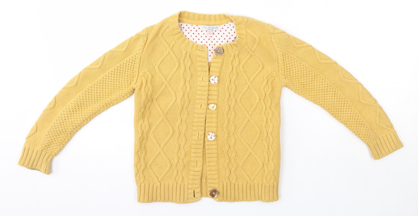 M&S Girls Yellow Round Neck  100% Cotton Cardigan Jumper Size 5-6 Years