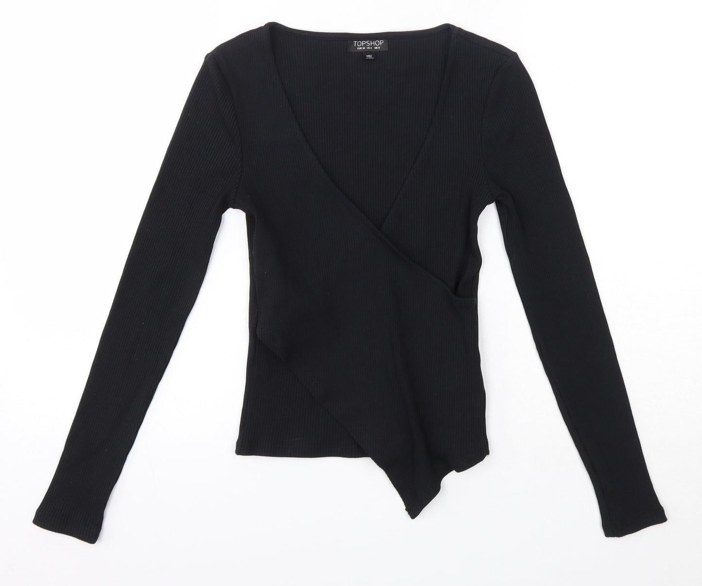 Topshop Womens Black  Cotton Basic Blouse Size 6 V-Neck