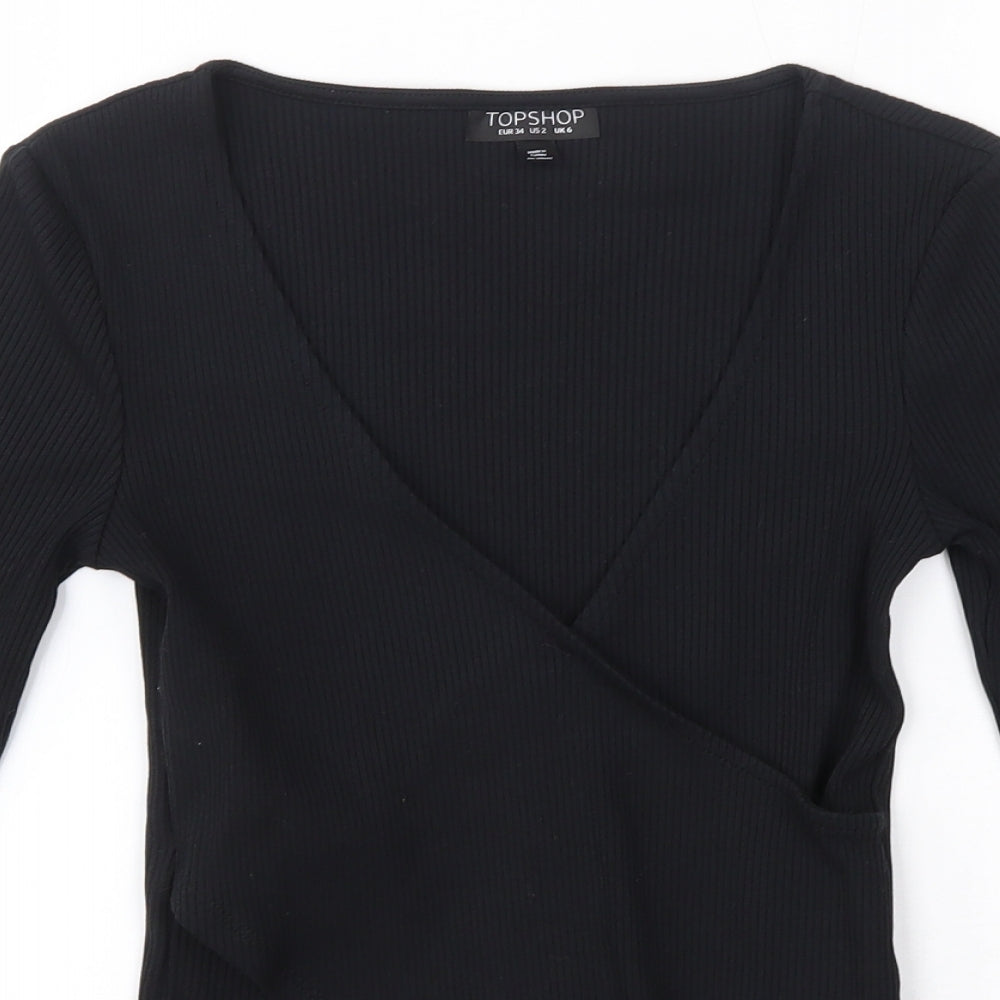 Topshop Womens Black  Cotton Basic Blouse Size 6 V-Neck