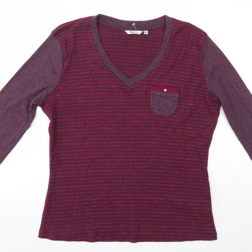 M&Co Womens Purple V-Neck Striped Cotton Pullover Jumper Size 2XL