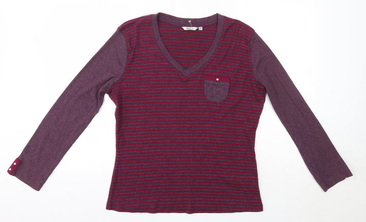 M&Co Womens Purple V-Neck Striped Cotton Pullover Jumper Size 2XL
