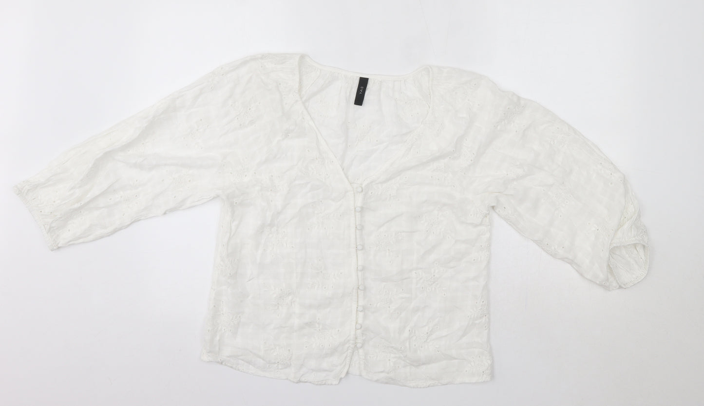 Yas Womens White Floral Cotton Basic Blouse Size M Round Neck