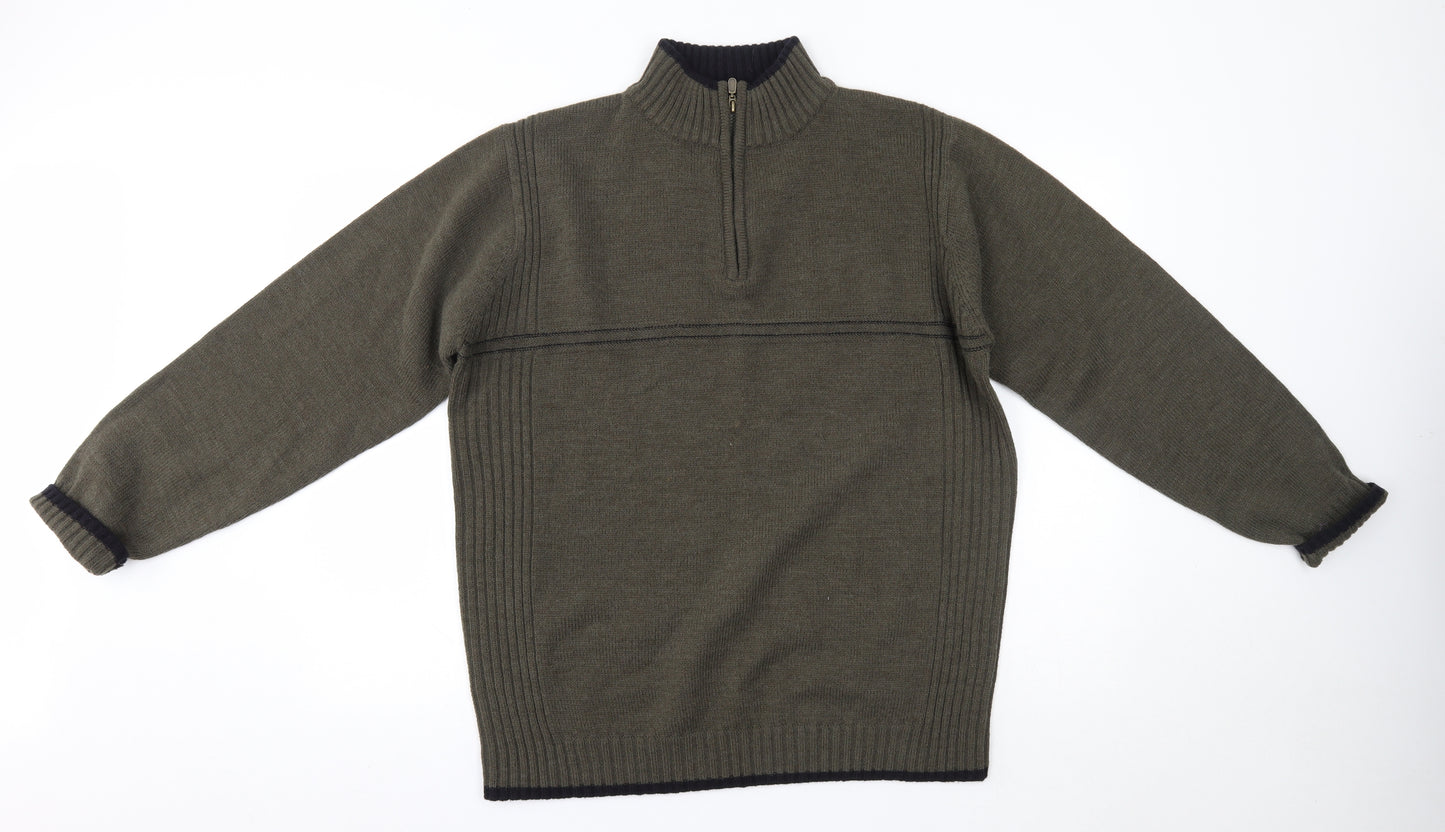 EWM Mens Green High Neck  Wool Henley Jumper Size L