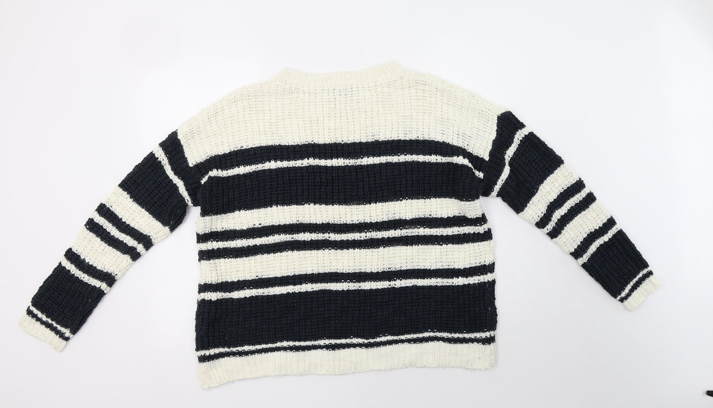 Newv Look Womens Blue Crew Neck Striped Acrylic Pullover Jumper Size 16