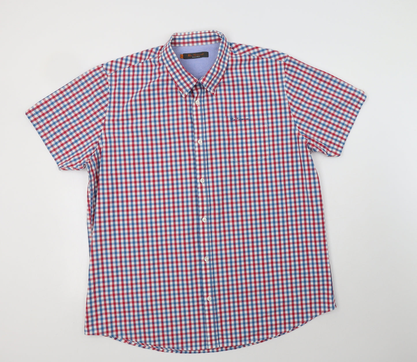 Ben Sherman Mens Blue Check Cotton  Button-Up Size 2XL Collared Button