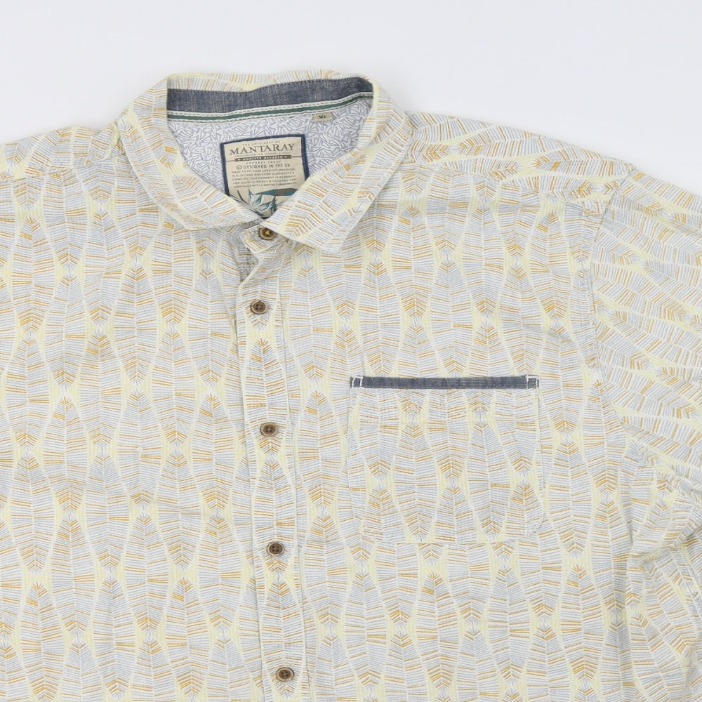 Mantaray Mens Yellow Floral Cotton  Button-Up Size XL Collared Button