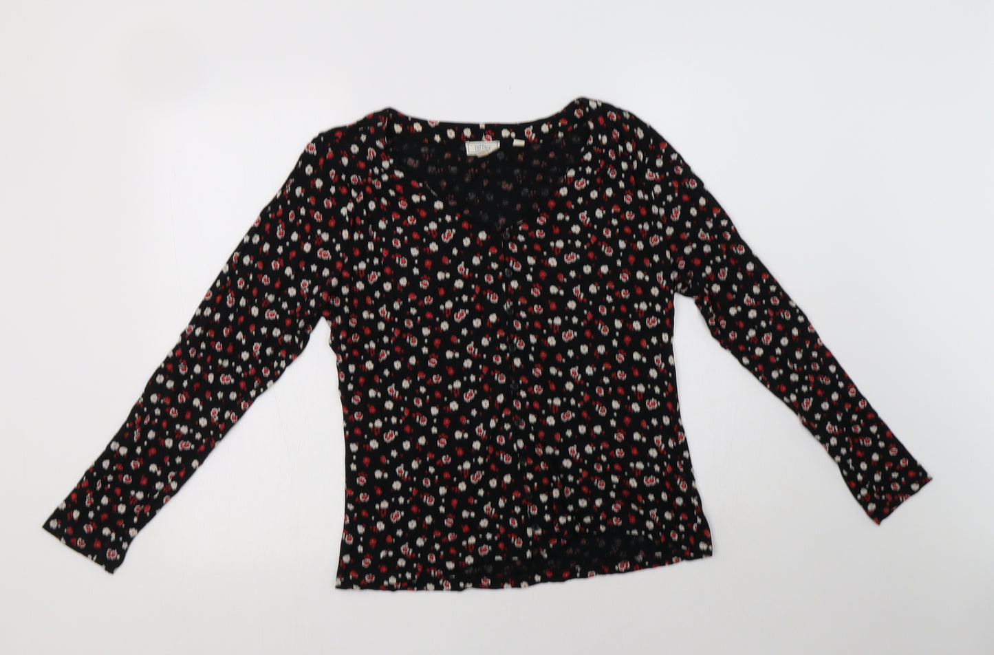 Fat Face Womens Black Floral Viscose Basic Button-Up Size 12 V-Neck