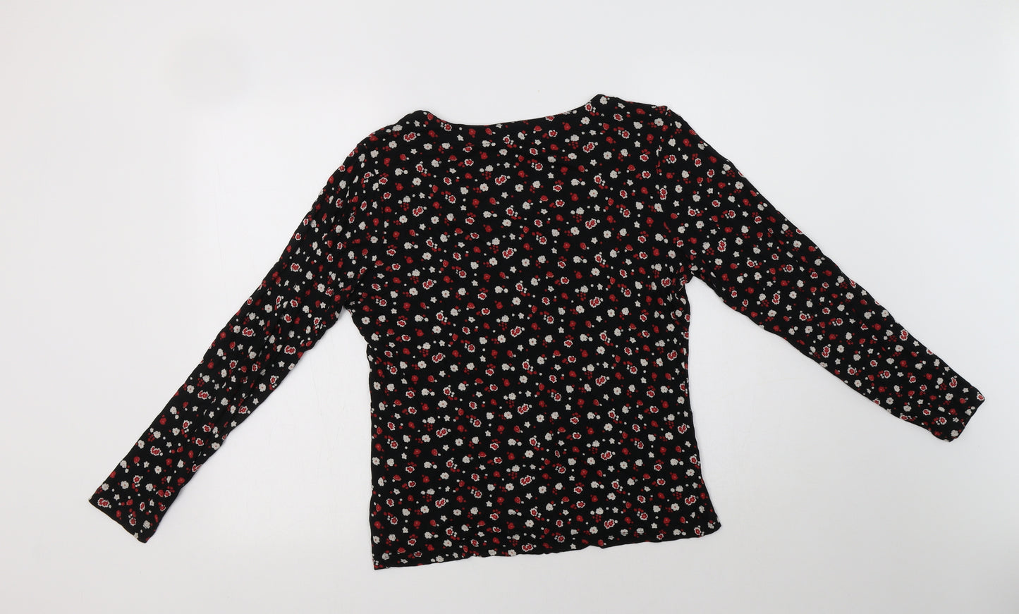 Fat Face Womens Black Floral Viscose Basic Button-Up Size 12 V-Neck