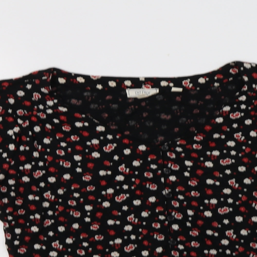 Fat Face Womens Black Floral Viscose Basic Button-Up Size 12 V-Neck