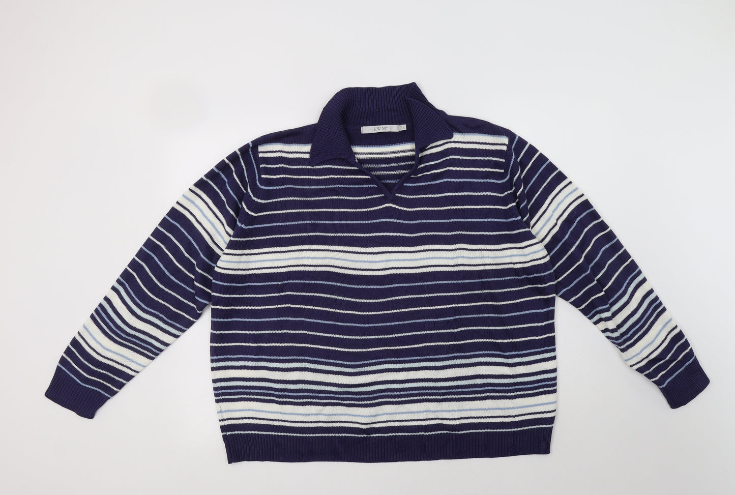 EWM Womens Blue Collared Striped Acrylic Pullover Jumper Size 22