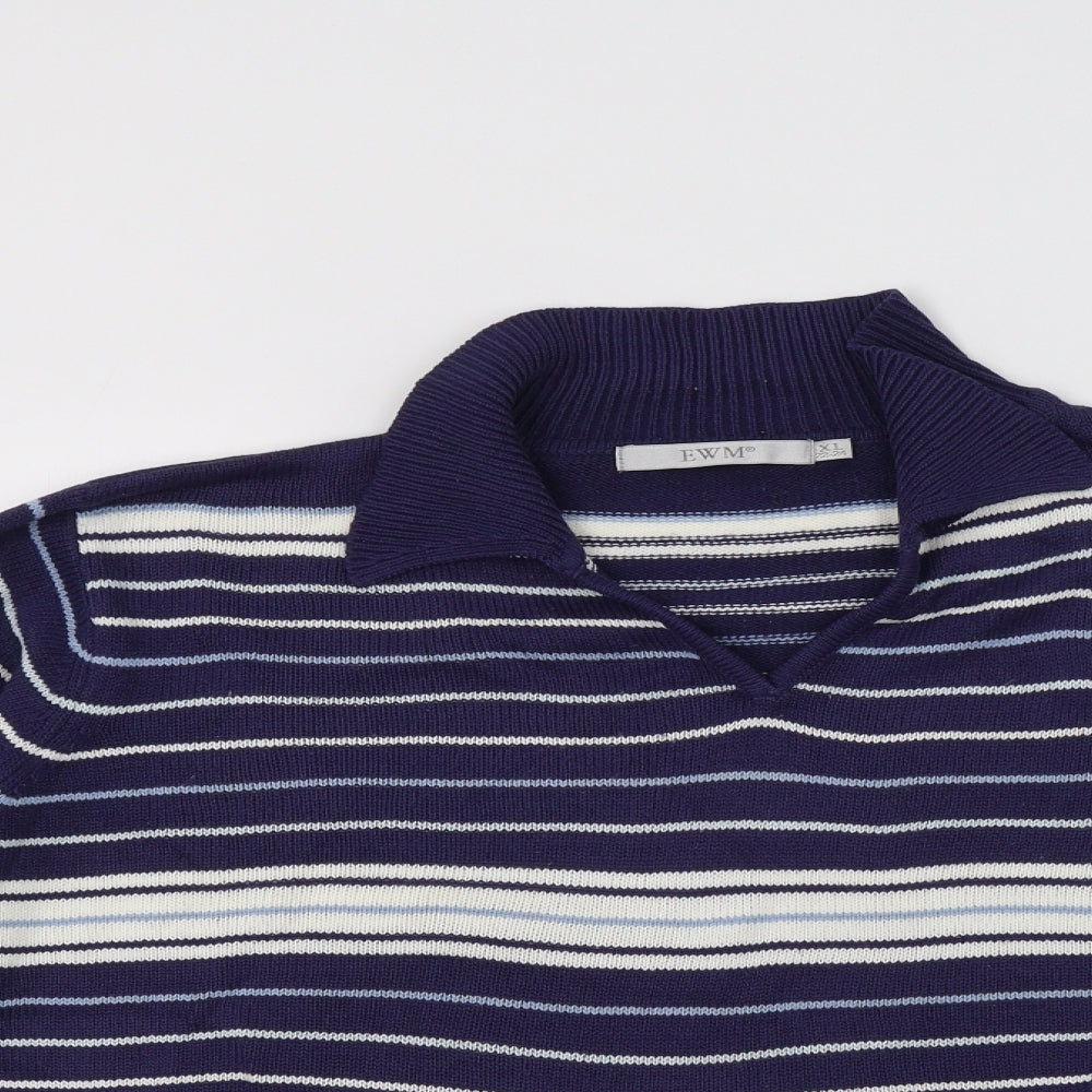 EWM Womens Blue Collared Striped Acrylic Pullover Jumper Size 22