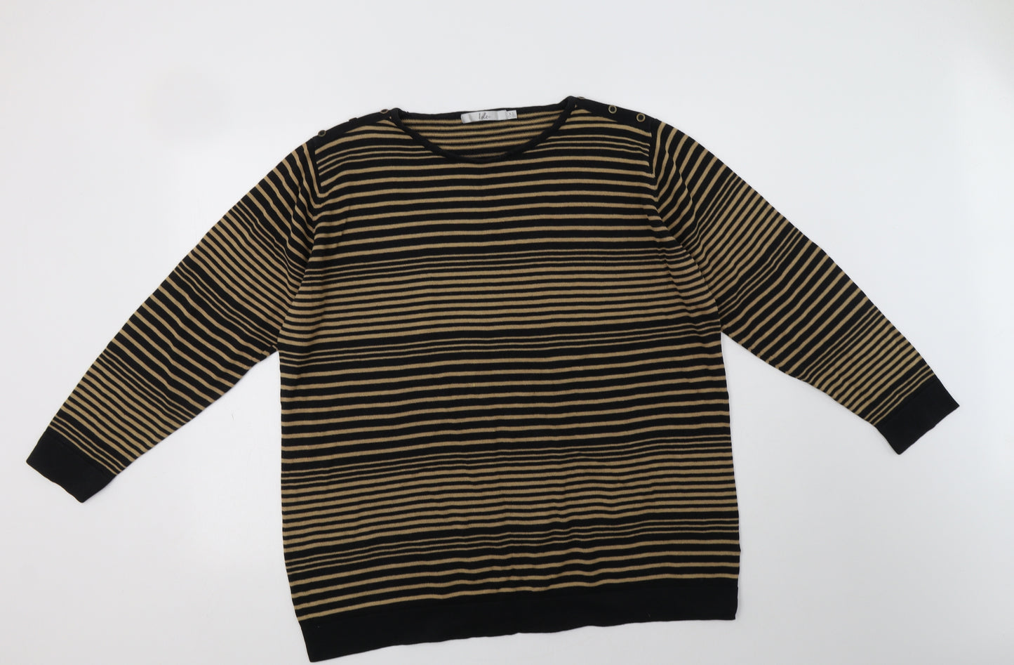 Isle Womens Black Round Neck Striped Cotton Pullover Jumper Size 22