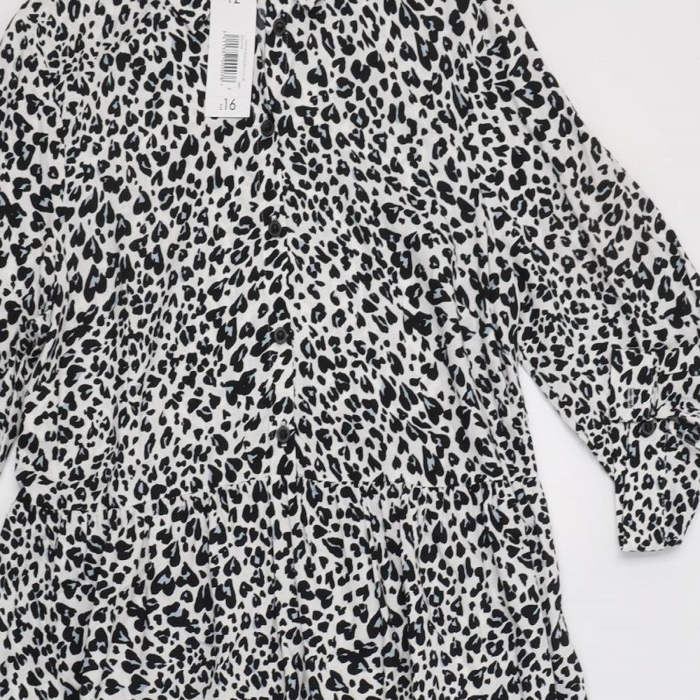 Papaya Womens White Animal Print Viscose Trapeze & Swing  Size 12  Collared Button