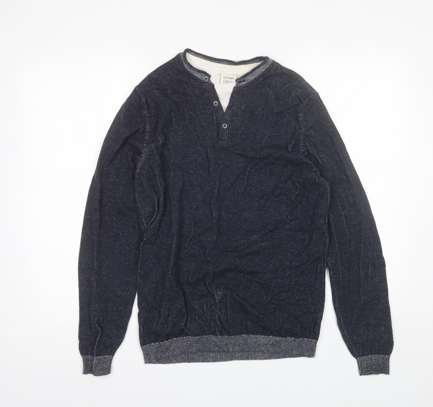 George Mens Blue V-Neck  Cotton Pullover Jumper Size M