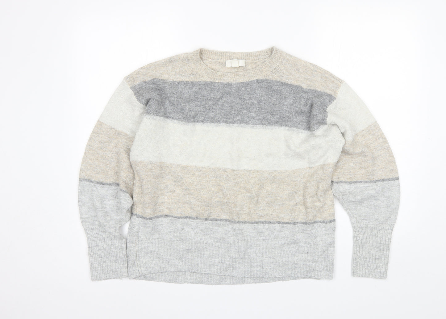 H&M Womens Grey Round Neck Striped Acrylic Pullover Jumper Size M